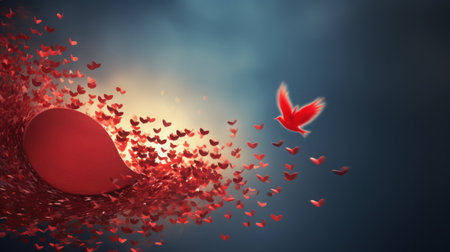 Red heart with flying birds on blue sky background. 3D renderingの素材