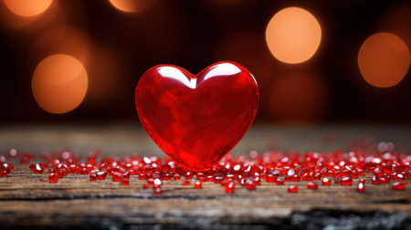 Red heart on wooden table with bokeh background. Valentine's day concept.の素材