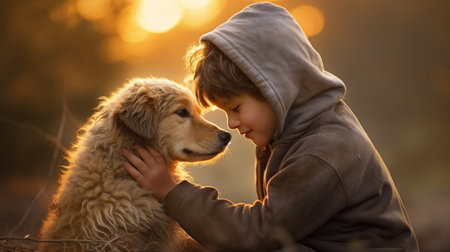 Little boy with golden retriever dog in the park at sunset.の素材