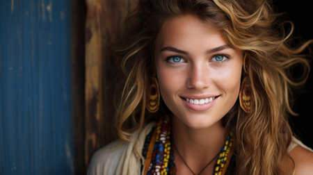 Close-up portrait of beautiful woman smiling at camera against wooden wallの素材