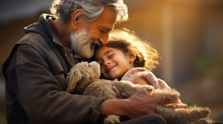 Grandfather and granddaughter playing with teddy bear in the park.の素材