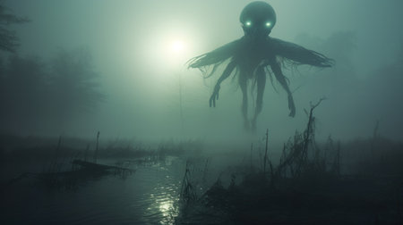 Fantasy alien creature in the mist. 3d render illustration.の素材