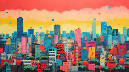 Abstract colorful painting of cityscape with skyscrapers, urban backgroundの素材