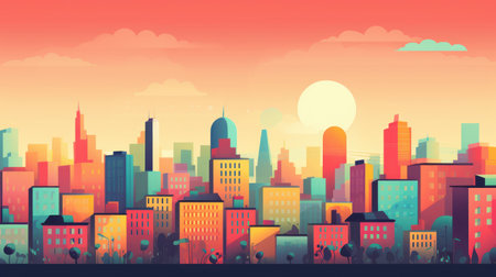 Cityscape with skyscrapers at sunset. Vector illustration in flat styleの素材