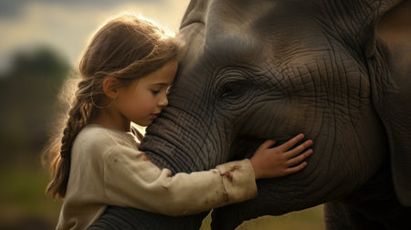 Portrait of a little girl hugging an elephant in the jungle.の素材