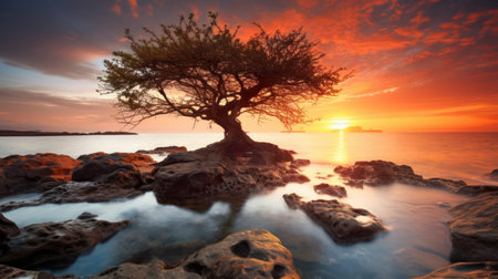 Beautiful sunset over the sea with a lonely tree on the foregroundの素材