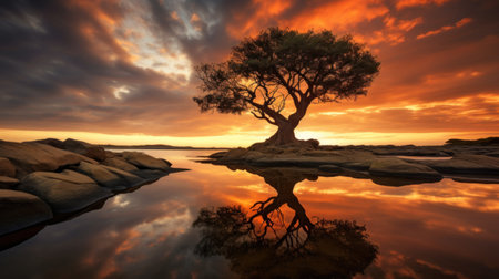 Lonely tree on a rock in the water at sunset.の素材