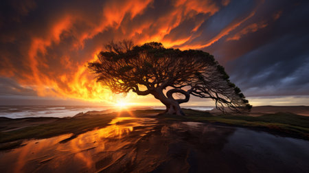 Lonely tree on sand dunes at sunset. 3d renderの素材