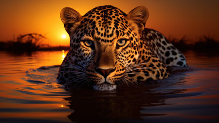 Leopard (Panthera pardus) drinking water at sunsetの素材