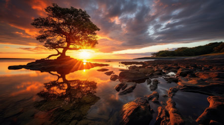 Sunset over the sea with a lone tree in the foreground.の素材