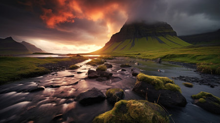 Icelandic landscape with mountain and river. Long exposure shot.の素材
