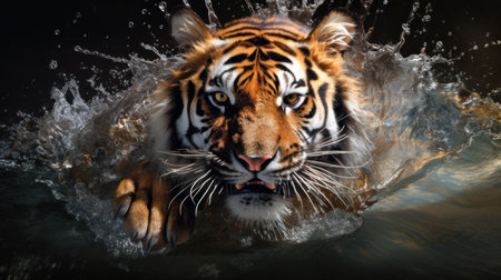 Close up of a tiger swimming in water with splashes on black backgroundの素材