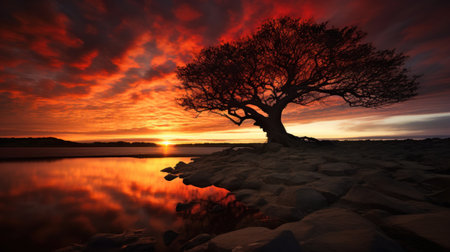 Beautiful sunset on the beach with a tree in the foreground.の素材