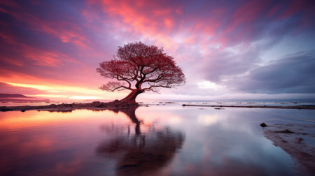Beautiful sunset over a tree on the beach. Long exposure.の素材