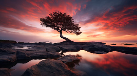 Lonely tree on the rocks at sunset, 3d renderの素材
