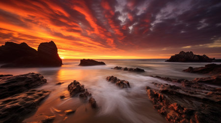 Long exposure of a rocky beach at sunset with a colorful sky.の素材