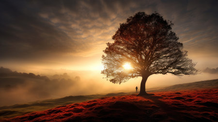 Digital composite of Silhouette of a tree in the morning mistの素材