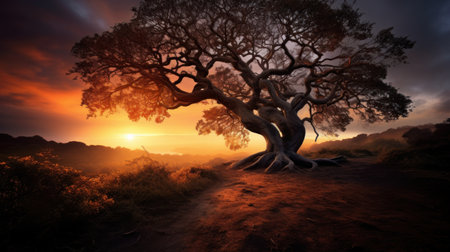 Old oak tree in the mountains at sunset. 3D render.の素材
