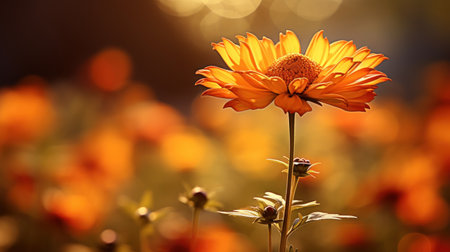 Orange flower in the garden with bokeh background and sunlight.の素材