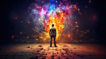 Businessman standing in front of a powerful explosion with colorful lights conceptの素材