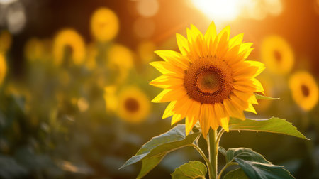 Sunflower field at sunset. Sunflower natural background. Sunflower blooming.の素材
