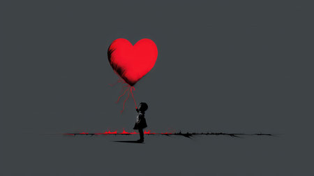 Little girl holding a red heart shaped balloon on a dark background.の素材
