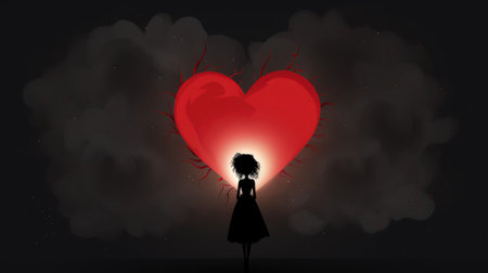 Silhouette of a girl with heart shape in the background.の素材