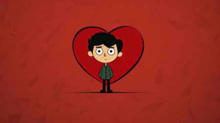 Cute boy with heart shape on red background. Vector illustration.の素材