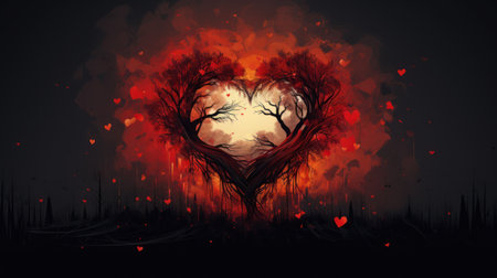 Burning heart with a tree in the middle. Vector illustration.の素材