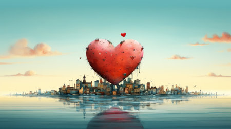 Valentine's day concept. Cityscape with red heart on the waterの素材
