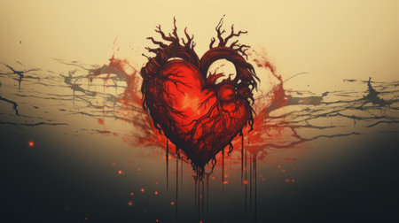 Red heart with blood splashes on a dark background. Illustrationの素材