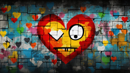 Illustration of a heart on a brick wall with colorful hearts aroundの素材