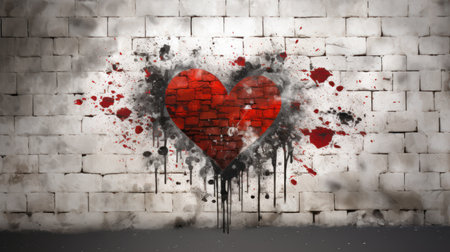 Grunge heart with blood splashes on old brick wall backgroundの素材