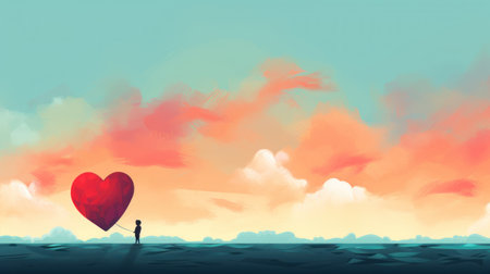 Valentine's day background with red heart and man standing on the beachの素材