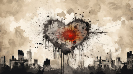 Digital composite of Broken heart with cityscape and watercolor splashesの素材