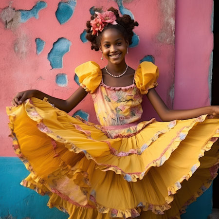 Portrait of a beautiful african american girl in yellow dressの素材