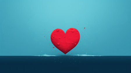 Red heart in water on blue background. 3D rendering illustration.の素材
