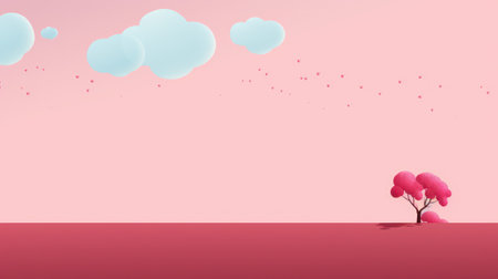 3d illustration of pink tree on pink background with clouds and heartsの素材