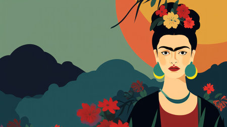 Asian woman with flowers in her hair. Vector illustration in retro style.の素材