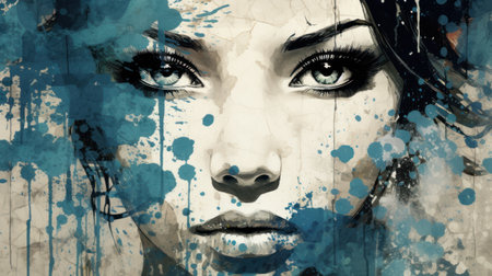 Close-up portrait of beautiful young woman with blue blots.の素材