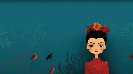 Illustration of a girl in a red robe with a flower in her hairの素材