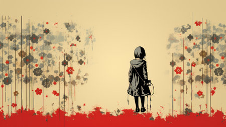 Silhouette of a young woman walking on a floral background.の素材