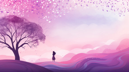 Silhouette of a girl standing in the middle of the landscape. Vector illustration.の素材