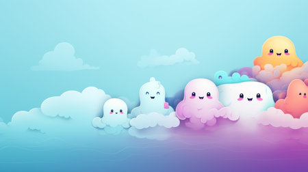 Halloween ghost background. Cute cartoon ghosts in the clouds.の素材