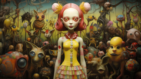 Vintage woman doll in a room full of colorful fantasy animals.の素材
