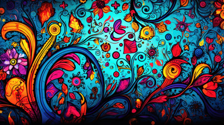 Colorful abstract background with flowers and butterflies. Psychedelic design.の素材