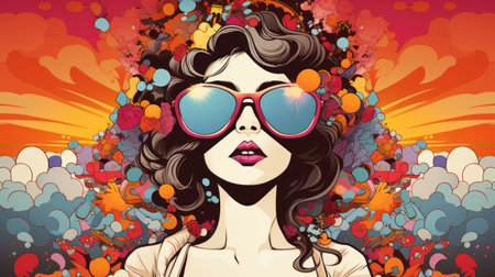 Vector illustration of a beautiful young woman in pop art style with sunglasses.の素材