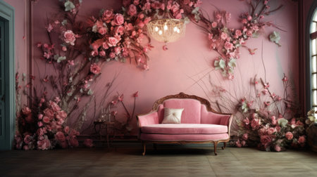Interior of a room with a pink sofa and flowers. 3d renderingの素材