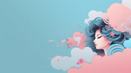 Beautiful girl with blue hair and flowers in the clouds. Vector illustration.の素材