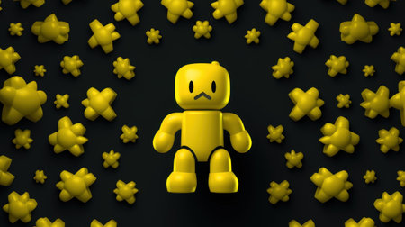 3d render of a yellow robot sitting among yellow stars on a black backgroundの素材